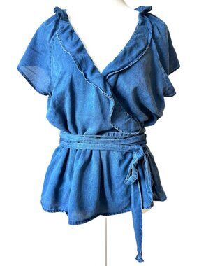 Old Navy Blue Ruffle Wrap Peplum Top Blouse Casual Feminine Blue - Large